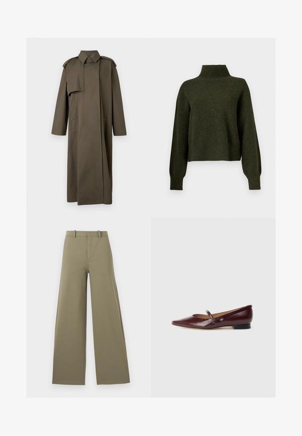 Abrigo largo tipo gabardina de color verde olivo hecho de algodón, con cuello alto, hombreras, dos bolsillos delanteros y cierre de botones.; Suéter corto de color verde oliva con cuello alto y mangas largas y sueltas. Está hecho de un material suave con una textura ligeramente peluda.; Pantalones de pierna ancha en oliva claro con una textura suave, con cremallera frontal, cinturilla con trabillas y dos bolsillos laterales.; Zapato plano de charol burdeos con punta afilada y una cinta decorativa a lo largo del empeine. Cuenta con un tacón bajo negro.