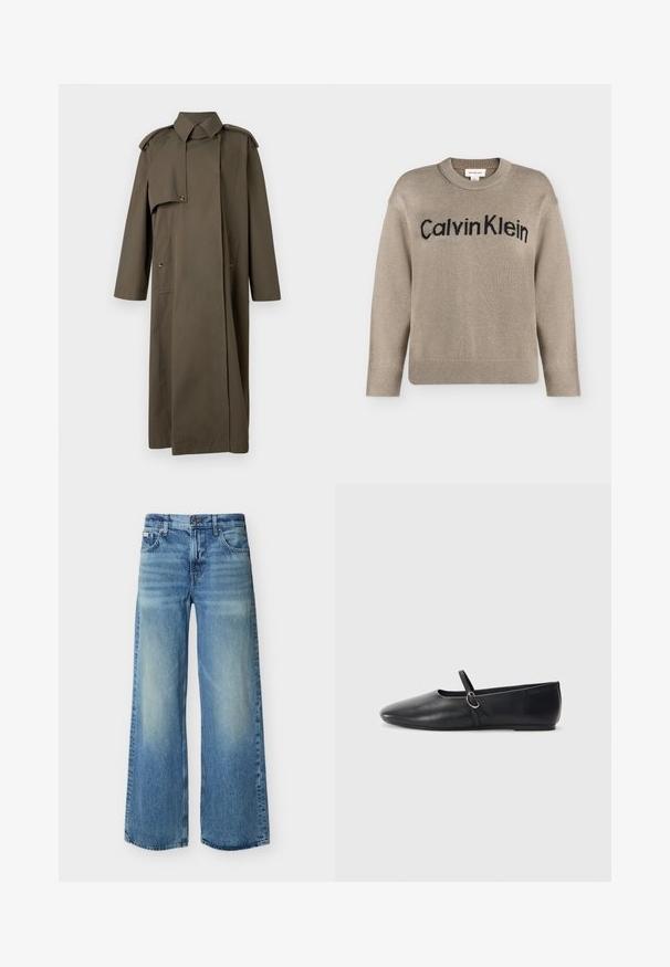 Abrigo largo tipo gabardina de color verde olivo hecho de algodón, con cuello alto, hombreras, dos bolsillos delanteros y cierre de botones.; Jersey de punto beige de manga larga con puños y bajo acanalados, con el logo "Calvin Klein" en negro en el pecho.; Vaqueros de pierna ancha en azul claro con botón y cremallera delanteros, bolsillos delanteros y traseros, y detalles sutiles de desgaste en los muslos y las rodillas.; Bailarinas de cuero negro con punta afilada, suela plana y una pequeña correa con detalle de hebilla plateada.
