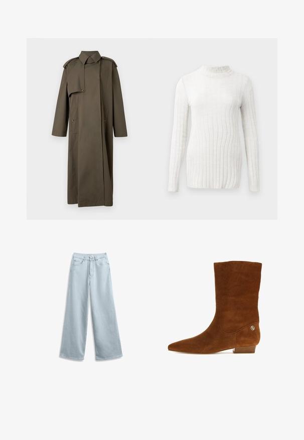 Langer, olivgrüner Trenchcoat aus Baumwolle mit hohem Kragen, Schulterklappen, zwei Vordertaschen und Knopfverschluss.; Langärmliges, hochgeschlossenes Oberteil in Creme mit strukturiertem Ribben. Verfügt über einen subtilen, weichen Stoff und eine taillierte Silhouette. Keine sichtbaren Muster oder Akzente.; Helleblaue weit geschnittene Jeans aus Denim, mit einem klassischen Fünf-Taschen-Design und einem Knopfverschluss am Bund.; Brauner Wildlederstiefel bis zur Mitte der Wade mit spitzer Zehenpartie, niedrigem gestapeltem Absatz und kleinem goldfarbenem Logodetail nahe der Ferse.