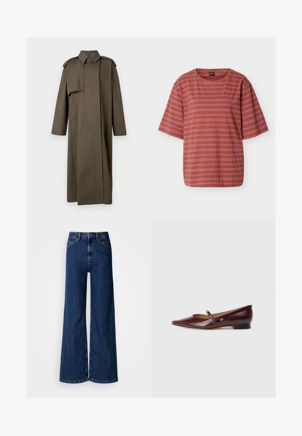 Langer, olivgrüner Trenchcoat aus Baumwolle mit hohem Kragen, Schulterklappen, zwei Vordertaschen und Knopfverschluss.; Kurzärmeliges T-Shirt in Rostfarbe mit dünnen horizontalen weißen Streifen und einem kleinen bestickten Logo auf der linken Brust.; Weit geschnittene Jeans in dunkler Waschung aus Denim, mit hoher Taille, klassischem Fünf-Taschen-Design und dezenten Steppnähten entlang der Nähte.; Burgunderfarbene Lackleder-Ballerina mit spitzer Zehe und einem dekorativen Riemen über dem Spann. Mit einem niedrigen schwarzen Absatz.