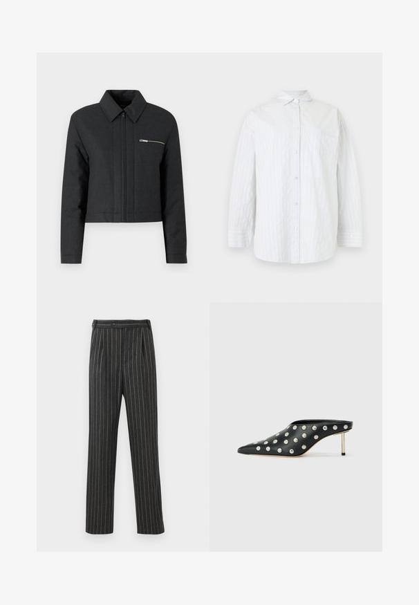 Veste noire cintrée en tissu texturé, avec un col pointu, fermeture éclair à l'avant et une petite poche zippée sur la poitrine gauche.; Chemise blanche à manches longues avec des rayures verticales subtiles et une poche poitrine unique, présentée sur un fond uni.; Pantalons rayés gris en tissu tissé. Dotés d'une taille haute, de plis avant et d'une coupe droite. Fermeture à bouton standard.; STAND STUDIO KELSEY - Mules à talons - black