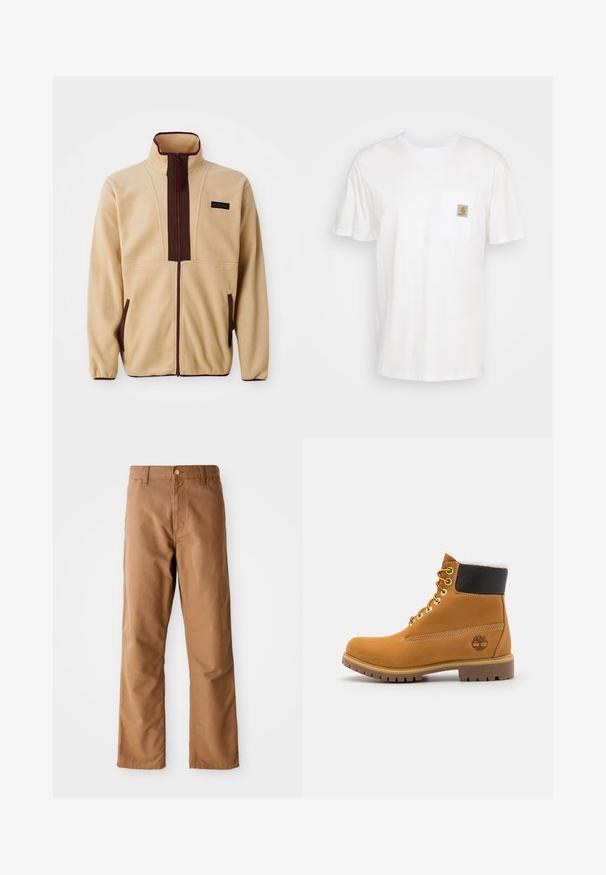 Beige fleecejakke med høj krave, frontlynlås, brune detaljer, to sidelommer og et lille logo på brystet.; Hvid bomulds T-shirt med korte ærmer, en brystlomme, og et lille firkantet logo patch i orange og hvid på lommen.; Brune lige ben bukser med bæltestropper, forlommer, knaplukning og lynlåsgylp på hvid baggrund.; Brune læder ankelstøvle med metaløjer, hvid pelsforing, sort polstret krave, robust sål og præget logo på siden.