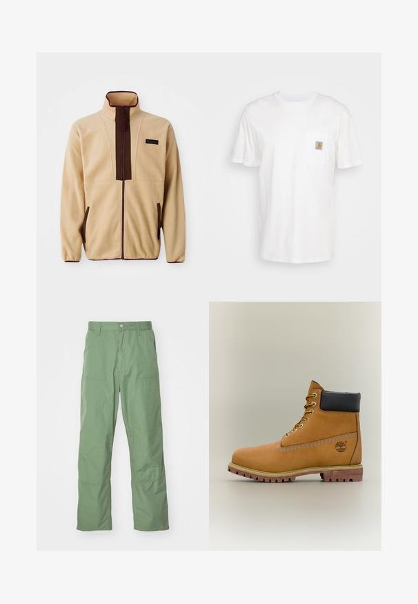 Chaqueta de forro polar beige con un collar alto, cierre frontal con cremallera, acentos marrones, dos bolsillos laterales y una pequeña etiqueta de logo en el pecho.; Camiseta de algodón blanca con mangas cortas, un bolsillo en el pecho y un pequeño parche cuadrado de logo en naranja y blanco en el bolsillo.; Pantalones de corte relajado en un suave tono verde claro, con una textura lisa, que incluyen bolsillos laterales y detalles de costura visibles. De largo completo con un diseño de pierna recta.; Bota de tobillo de cuero marrón con cuello negro, cordones amarillos y suela beige. Presenta un logotipo y detalles de costura blanca. Suela exterior con tracción robusta.