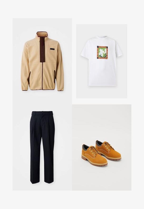 Chaqueta de forro polar beige con un collar alto, cierre frontal con cremallera, acentos marrones, dos bolsillos laterales y una pequeña etiqueta de logo en el pecho.; Camiseta blanca de manga corta con un diseño cuadrado centrado que presenta flores blancas sobre un fondo verde enmarcado por un borde con patrón naranja y negro.; Pantalones negros de corte recto, fabricados en tejido suave. Presentan un botón en la cintura, trabillas para cinturón y detalles de pliegues en la parte delantera para estructurar.; Zapatos de ante marrón con punta redonda, cordones amarillos, un collar acolchado negro y suelas de goma con surcos de tracción.