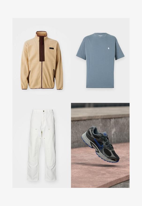 Beige Fleecejacke mit hohem Kragen, Frontreißverschluss, braunen Akzenten, zwei seitlichen Taschen und einem kleinen Logopatch auf der Brust.; Blaues Carhartt T-Shirt mit kurzen Ärmeln, Rundhalsausschnitt und kleinem weißem Logo auf der linken Brust, Größe L.; Weiße Baumwoll-Cargohose mit lockerer Passform. Zu den Merkmalen gehören Fronttaschen, goldfarbene Hardware-Akzente und verstärkte Kniebereiche.; Grauer und schwarzer Nike Laufschuh mit blauen Akzenten, der über Steinstufen im Freien schwebt.