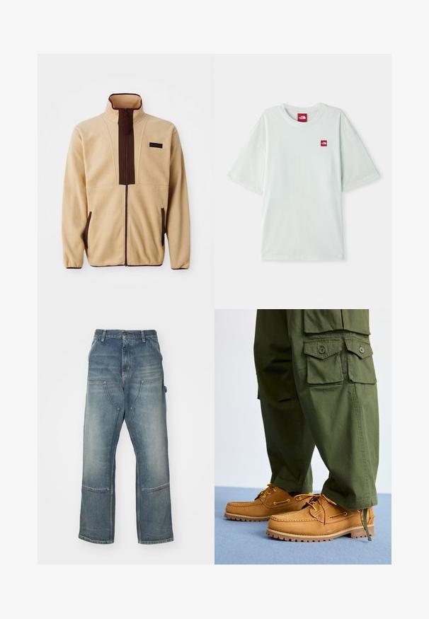Chaqueta de forro polar beige con un collar alto, cierre frontal con cremallera, acentos marrones, dos bolsillos laterales y una pequeña etiqueta de logo en el pecho.; Camiseta de manga corta verde claro hecha de algodón suave, con una pequeña etiqueta de logo rojo en el área del pecho izquierdo. Corte relajado y escote redondo.; Vaqueros de mezclilla de color azul claro con un corte relajado. Presentan piernas anchas, grandes bolsillos frontales y detalles de costura en contraste.; Timberland AUTHENTIC 3 EYE - Náuticos - wheat