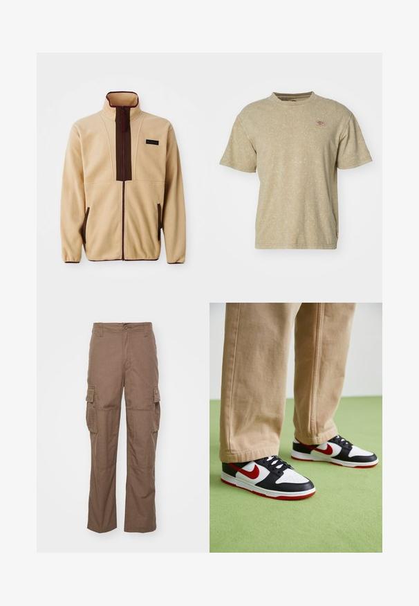 Chaqueta de forro polar beige con un collar alto, cierre frontal con cremallera, acentos marrones, dos bolsillos laterales y una pequeña etiqueta de logo en el pecho.; Camiseta de manga corta, color marrón claro, fabricada en un tejido suave y texturizado. Presenta un pequeño parche de logo en el pecho y un clásico escote redondo.; Pantalones cargo marrones de tejido texturizado, con dos bolsillos laterales, cierre de botón y diseño de pierna recta.; Las zapatillas Nike Dunk presentan un diseño de cuero negro con acentos rojos y un swoosh blanco. La suela es roja, con una puntera blanca texturizada.