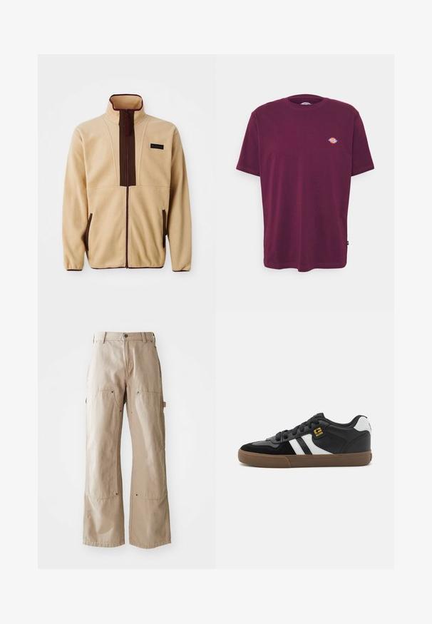 Beige fleecejack met een hoge kraag, ritssluiting aan de voorkant, bruine accenten, twee zijzakken en een klein logo label op de borst.; Bordeaux katoenen T-shirt met een ronde hals, korte mouwen en een klein meerkleurig logo op de borst. Gladde textuur, standaard pasvorm.; Beige wijde broek van stevige katoen. Heeft voor- en zijzakken, zichtbare stiksels en metalen accenten op de zakken.; Zwart-witte sneakers met een bovenwerk van suède en leer, voorzien van witte strepen, zwarte veters en een bruine rubberen zool. Gouden logo-accenten.