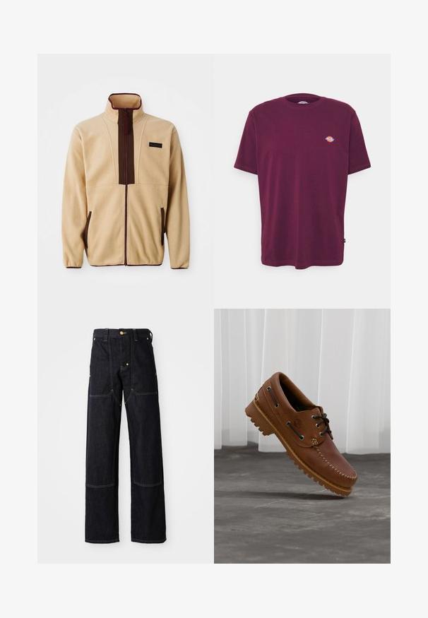 Beige Fleecejacke mit hohem Kragen, Frontreißverschluss, braunen Akzenten, zwei seitlichen Taschen und einem kleinen Logopatch auf der Brust.; Bordeauxfarbene Baumwoll-T-Shirt mit Rundhalsausschnitt, kurzen Ärmeln und einem kleinen mehrfarbigen Logo auf der Brust. Glatte Textur, normale Passform.; Dunkelblaue Denim-Hosen mit geradem Schnitt, ausgestattet mit gelben Nähten und Vordertaschen. Der Stoff wirkt robust und strukturiert.; Brauner Leder-Bootsschuh mit schwarzen Schnürsenkeln, beigen Nähten und einer robusten Sohle, schwebt über einem grauen Betonboden.
