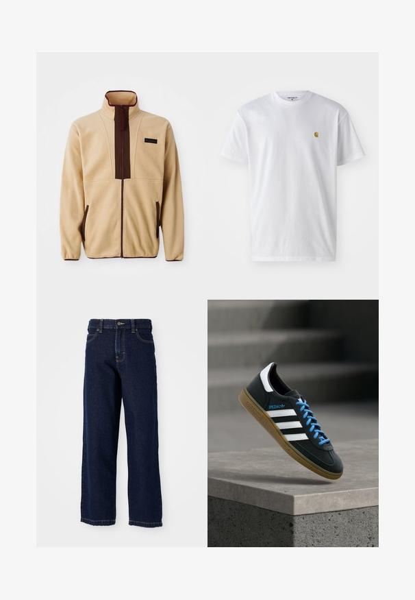 Beige Fleecejacke mit hohem Kragen, Frontreißverschluss, braunen Akzenten, zwei seitlichen Taschen und einem kleinen Logopatch auf der Brust.; Weißes Baumwoll-T-Shirt mit kurzen Ärmeln, Rundhalsausschnitt, mit einem kleinen goldenen Logo im linken Brustbereich. Weicher Stoff und normale Passform.; Dunkelblaue Jeans mit weitem Bein aus Denim, gerader Schnitt, Fünf-Taschen-Design und Abschlussnähten entlang des Saums.; Schwarzer Adidas-Sneaker mit weißen Streifen, blauen Schnürsenkeln und Gummisohle, der über einer grauen Betontreppe im weichen Licht schwebt.