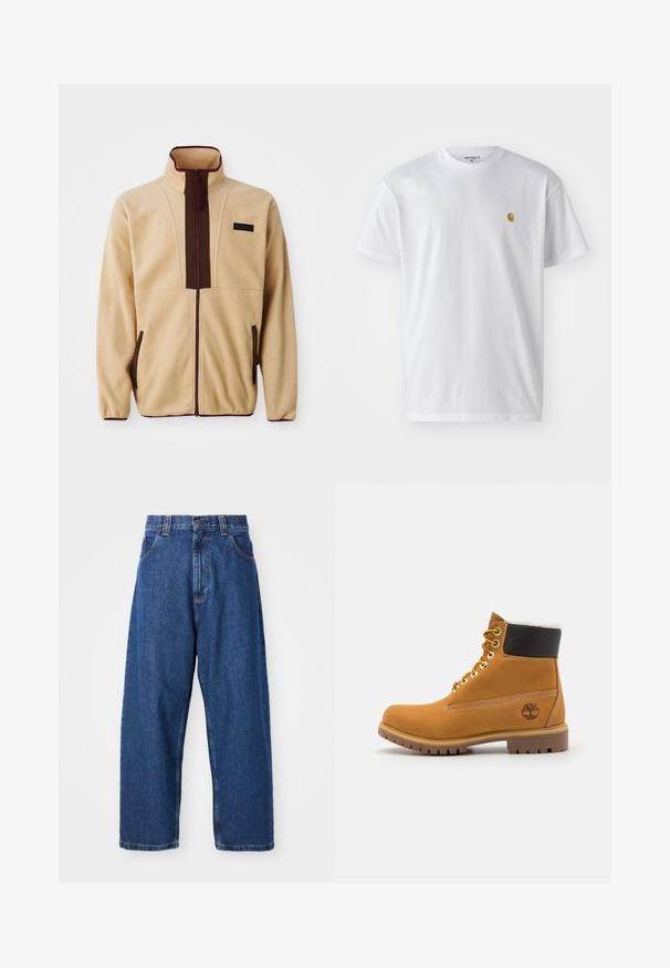 Beige Fleecejacke mit hohem Kragen, Frontreißverschluss, braunen Akzenten, zwei seitlichen Taschen und einem kleinen Logopatch auf der Brust.; Weißes Baumwoll-T-Shirt mit kurzen Ärmeln, Rundhalsausschnitt, mit einem kleinen goldenen Logo im linken Brustbereich. Weicher Stoff und normale Passform.; Weite Jeans aus Denim in Dunkelblau. Hohe Taille, Gürtelschlaufen und klassisches Fünf-Taschen-Design. Gestickter Saum mit sauberem Finish.; Braune Leder-Ankle-Boots mit Metallösen, weißem Kunstfellfutter, schwarzem gepolstertem Kragen, robustem Sohlenprofil und geprägtem Logo an der Seite.