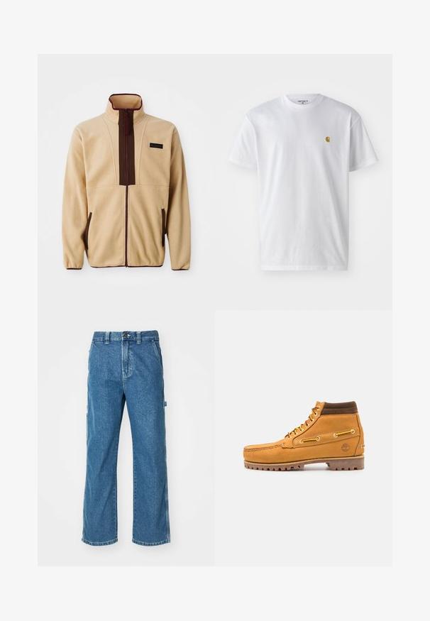 Chaqueta de forro polar beige con un collar alto, cierre frontal con cremallera, acentos marrones, dos bolsillos laterales y una pequeña etiqueta de logo en el pecho.; Camiseta de algodón blanca con mangas cortas, cuello redondo, que presenta un pequeño logo dorado en la parte izquierda del pecho. Textura suave y corte regular.; Pantalones cargo de mezclilla azul con un corte relajado, que cuentan con bolsillos laterales, cremallera en la bragueta y costuras de contraste en las costuras.; Timberland AUTHENTIC MID LACE BOOT - Botines con cordones - wheat