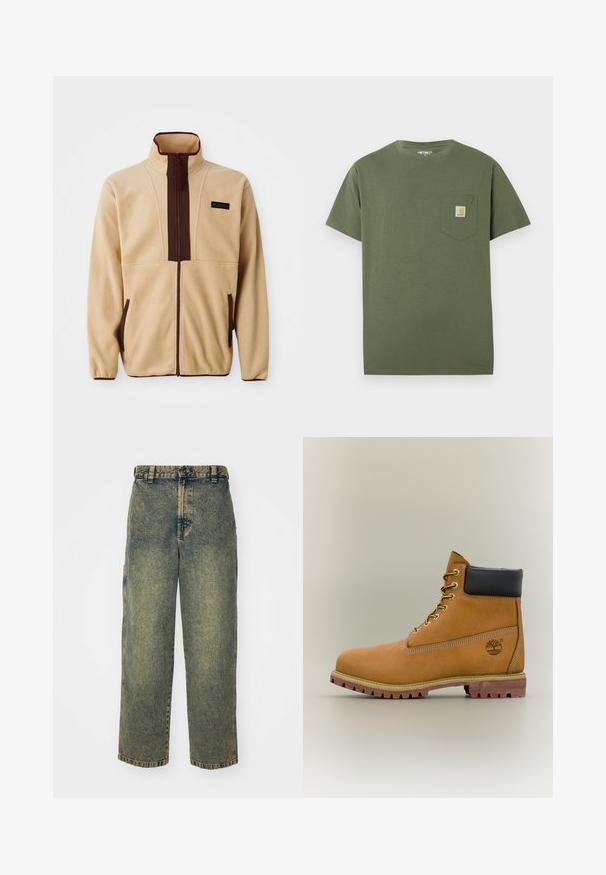 Beige Fleecejacke mit hohem Kragen, Frontreißverschluss, braunen Akzenten, zwei seitlichen Taschen und einem kleinen Logopatch auf der Brust.; Olivgrünes Baumwoll-T-Shirt mit rundem Ausschnitt, kurzen Ärmeln und einer Brusttasche mit einem Logo-Patch. Sauberes, minimalistisches Design.; Baggy-Jeans aus Denim in einer verblassten Blauen und Grünen Waschung. Mit Knopfverschluss, Gürtelschlaufen und Seitentaschen. Flaches Vorderteil und gerades Bein-Design.; Brauner Leder-Stiefelette mit schwarzem Kragen, gelben Schnürsenkeln und hellbrauner Sohle. Verfügt über ein Logo und weiße Ziernähe. Robuste Profilsohle.