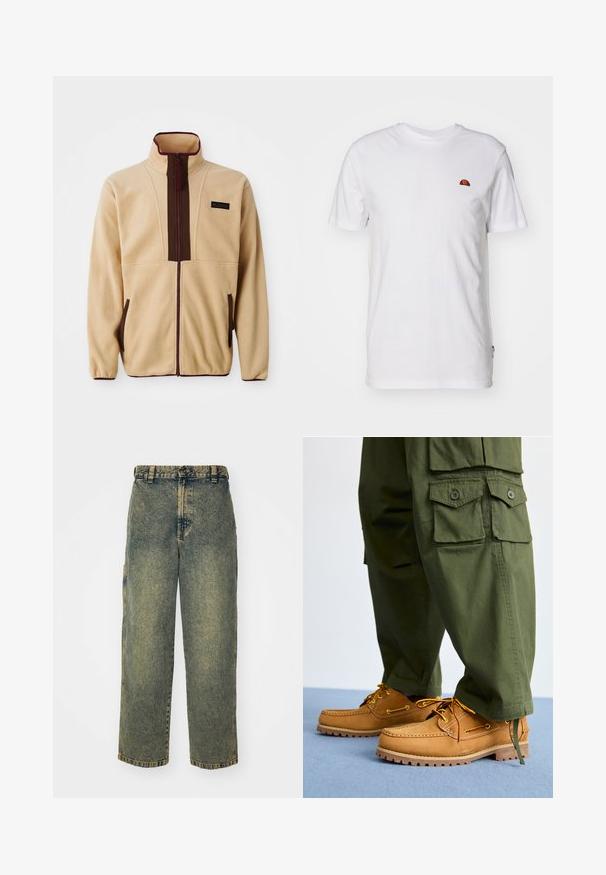 Beige fleecejack met een hoge kraag, ritssluiting aan de voorkant, bruine accenten, twee zijzakken en een klein logo label op de borst.; Eenvoudig wit T-shirt met korte mouwen met een klein rood-oranje halve cirkel logo op het bovenste linkerborstgedeelte.; Baggy denim jeans in een vervaagde blauwe en groene was. Heeft een knoopsluiting, riemlussen en zijzakken. Vlakke voorkant en rechte pijpen.; Timberland AUTHENTIC 3 EYE - Bootschoenen - wheat