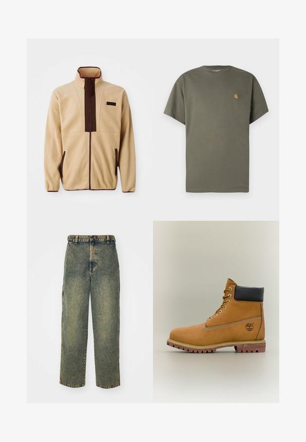 Beige Fleecejacke mit hohem Kragen, Frontreißverschluss, braunen Akzenten, zwei seitlichen Taschen und einem kleinen Logopatch auf der Brust.; Olivgrünes T-Shirt mit Rundhalsausschnitt, kurzen Ärmeln, aus Baumwolle, mit kleinem orangefarbenem Logo auf der linken Brustseite.; Baggy-Jeans aus Denim in einer verblassten Blauen und Grünen Waschung. Mit Knopfverschluss, Gürtelschlaufen und Seitentaschen. Flaches Vorderteil und gerades Bein-Design.; Brauner Leder-Stiefelette mit schwarzem Kragen, gelben Schnürsenkeln und hellbrauner Sohle. Verfügt über ein Logo und weiße Ziernähe. Robuste Profilsohle.