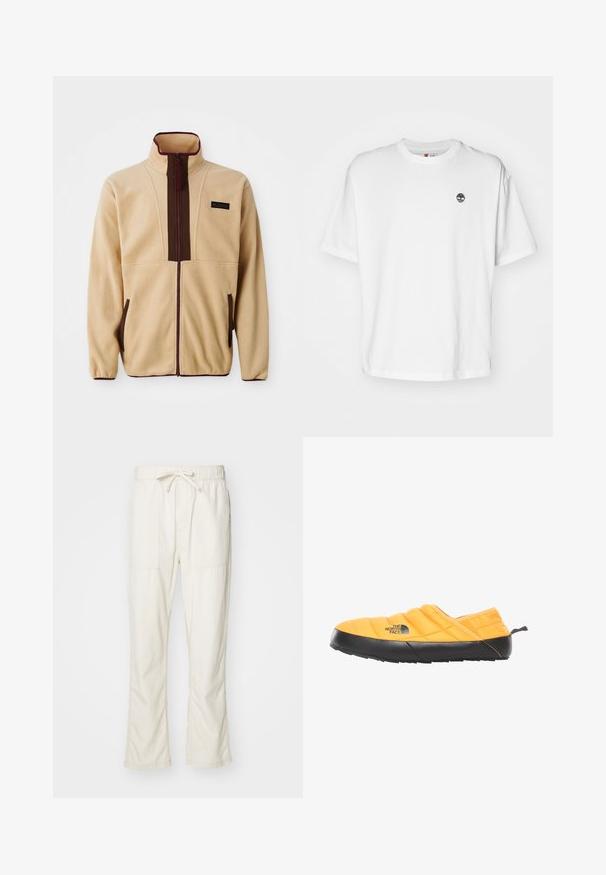 Chaqueta de forro polar beige con un collar alto, cierre frontal con cremallera, acentos marrones, dos bolsillos laterales y una pequeña etiqueta de logo en el pecho.; Camiseta de algodón blanca con cuello redondo, mangas cortas y un pequeño logo negro de un árbol en el lado izquierdo del pecho. Tejido suave, corte relajado.; Pantalones de algodón color beige claro con cintura elástica, cordón y dos bolsillos laterales. La tela tiene una textura suave y un diseño de pierna recta.; Zapato slip-on acolchado amarillo con suela de goma negra. Presenta una tira en la parte trasera y un logo en el lateral. Diseño ligero y acolchado.