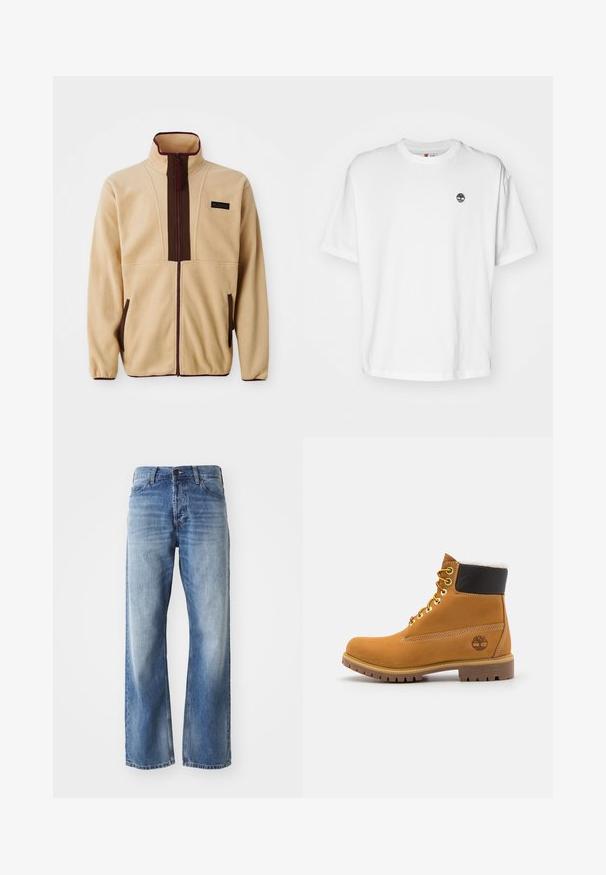 Chaqueta de forro polar beige con un collar alto, cierre frontal con cremallera, acentos marrones, dos bolsillos laterales y una pequeña etiqueta de logo en el pecho.; Camiseta de algodón blanca con cuello redondo, mangas cortas y un pequeño logo negro de un árbol en el lado izquierdo del pecho. Tejido suave, corte relajado.; Jeans de mezclilla azul de corte recto con ligero desvanecimiento en los muslos y las rodillas, con cinco bolsillos y cierre de botón.; Botín de cuero marrón con ojales de metal, forro de piel sintética blanca, cuello acolchado negro, suela resistente y logotipo en relieve en el costado.