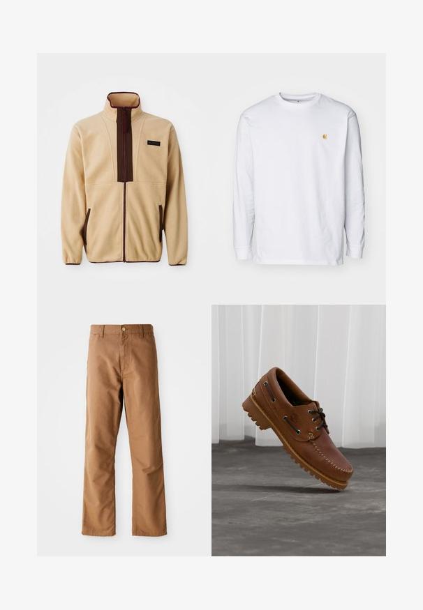 Chaqueta de forro polar beige con un collar alto, cierre frontal con cremallera, acentos marrones, dos bolsillos laterales y una pequeña etiqueta de logo en el pecho.; Camiseta de manga larga blanca de algodón. Cuenta con un pequeño logo dorado en el pecho y un cuello redondo. Diseño simple y corte estándar.; Pantalones rectos marrones con pasadores para cinturón, bolsillos frontales, cierre de botón y cremallera sobre un fondo blanco.; Zapato náutico de cuero marrón con cordones negros, costuras beige y una suela resistente, suspendido sobre un suelo de hormigón gris.