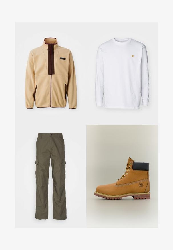 Beige fleecejakke med høj krave, frontlynlås, brune detaljer, to sidelommer og et lille logo på brystet.; Hvid langærmet t-shirt lavet af bomuld. Har et lille gyldent logo på brystet og en rund halsudskæring. Enkel design og standard pasform.; Olivenfarvede cargo bukser med lige snit, lavet af tekstureret stof. Har store sidelommer og knaplukning.; Brun læderankelstøvle med sort krave, gule snørebånd og tanfarvet sål. Har logo og hvide syninger som detalje. Robust ydersål med greb.