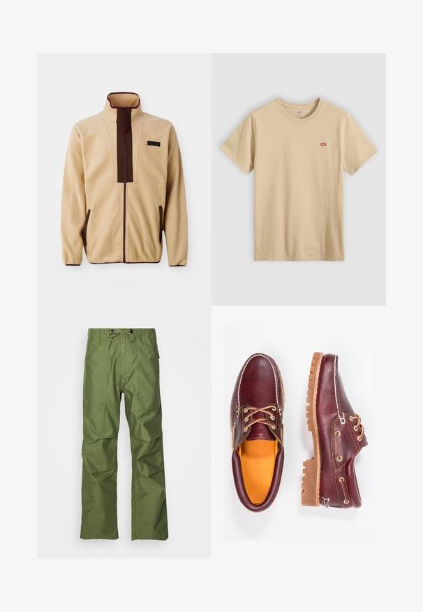 Beige fleecejakke med høj krave, frontlynlås, brune detaljer, to sidelommer og et lille logo på brystet.; Beige bomulds-T-shirt med korte ærmer, rund halsudskæring og et lille rødt Levi's-logo på brystet. Glat, letvægtsstof.; Olivenfarvede cargobukser lavet af letvægtsstof. Funktioner inkluderer en snoretræk i taljen, to frontlommer og en løs pasform.; Bordeaux lædersko med brune gummisåler, rund tå, hvid syning og gyldne snøringer. Indersiden har et gult for.