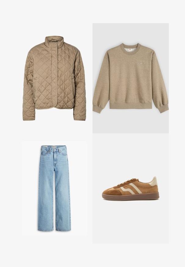 Gequilted bruine jas met een hoge kraag, volledige sluiting aan de voorkant en zijzakken. Heeft ruitvormige stiksel en een gladde textuur.; Beige sweater met ronde hals, lange mouwen en een klein Levi's-logo op de linkerborst tegen een lichte achtergrond.; Lichtblauwe, hoge taille, wijde jeans met een voorste knoop en ritssluiting, riemlussen en vijf zakken.; Bruine suède en corduroy sneaker met beige golvende strepen, veters en een rubberen zool op een witte achtergrond, zijaanzicht.