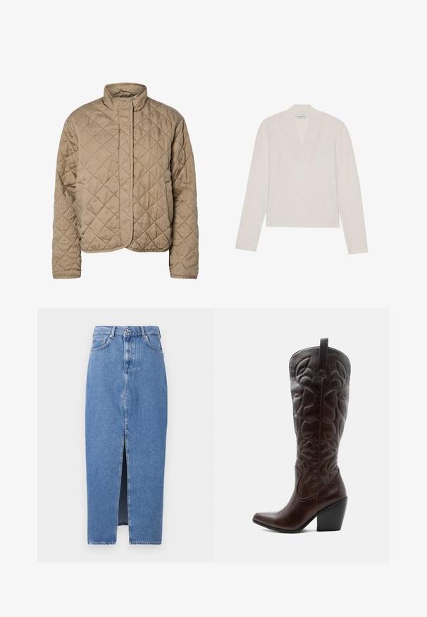 Quiltet brun jakke med høj krave, fuld frontlukning og sidelommer. Har diamantformet syning og en glat overflade.; Lys beige langærmet pullover med V-udskæring, lavet af blødt strikmateriale. Enkel design med en let cropped pasform og uden synlige mønstre.; Lyseblå denim midi-nederdel med en frontslids, klassisk fem-lomme design og lukning med topknap. Stoffet har en let struktur.; Høj mørkebrun læder cowboystøvle med syede dekorative mønstre, spids tå og stablet blokhæle.