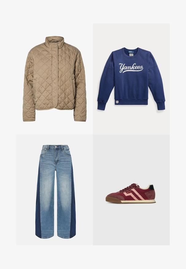 Quiltet brun jakke med høj krave, fuld frontlukning og sidelommer. Har diamantformet syning og en glat overflade.; Navyblå langærmet sweatshirt med "Yankees" skrevet i hvid skrift på brystet og et lille Polo Ralph Lauren-mærke nær sømmen.; Vidbenede denimjeans med lyse frontpaneler og mørkere sidepaneler, forreste knap, lynlåslukning og forlommer.; GANT BEYLANA - Sneakers - port wine/dusty pink