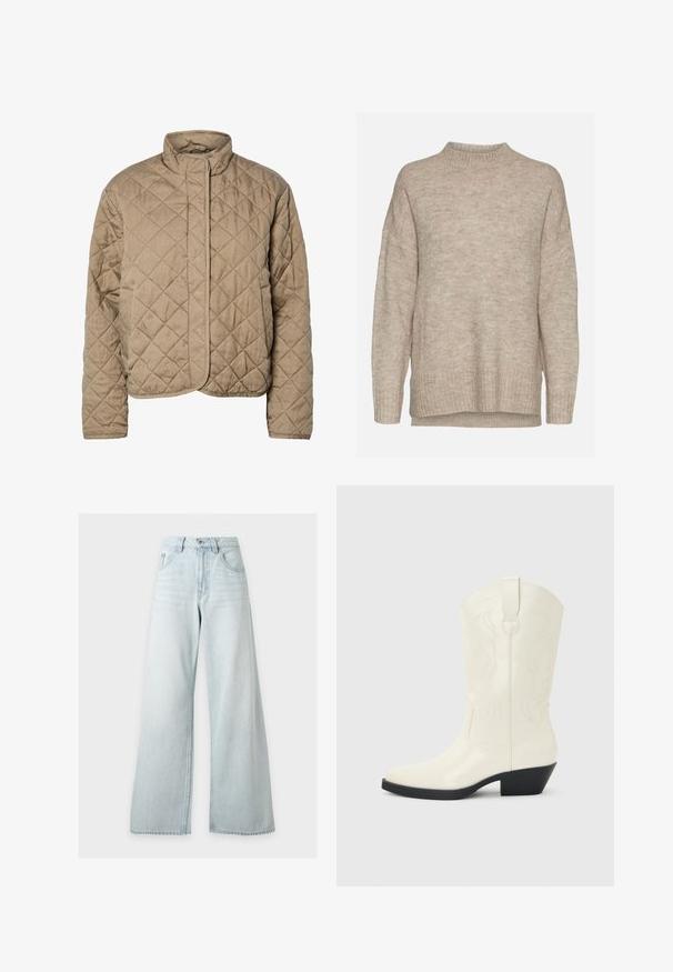 Quiltet brun jakke med høj krave, fuld frontlukning og sidelommer. Har diamantformet syning og en glat overflade.; Beige strikket trøje med lange ærmer, høj rund halsudskæring samt ribstrikkede ærmeafslutninger og kant.; Lyseblå højhåndede vidde jeans med forreste knap og lynlås, forlommer og bæltestropper på hvid baggrund.; Hvid western-støvle til midt på læggen med spids tå, sort stablet hæl, dekorative sømme og trækflap på skaftet.