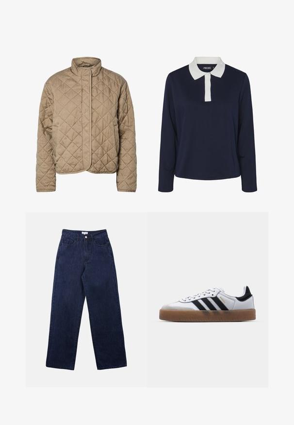 Quiltet brun jakke med høj krave, fuld frontlukning og sidelommer. Har diamantformet syning og en glat overflade.; Marineblå langærmet polo-shirt med en kontrasterende hvid krave og placket samt et glat, struktureret stof.; Mørkeblå denimbukser med lige ben, der har en frontknaplukning, bæltestropper og to forlommer.; Hvide lædersneakers med sorte striber, gummirubber sål, rund tå, snørelukning og blød grå ruskinds tåhætte.