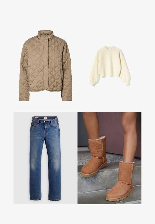 Quiltet brun jakke med høj krave, fuld frontlukning og sidelommer. Har diamantformet syning og en glat overflade.; Cremefarvet cropped sweater lavet af blødt, struktureret stof med lange, puffede ærmer og rund hætte. Etiketten viser "Noella."; Blå denimjeans med lige ben, der har en falmet tekstur, orange syninger og fem-lomme-design med metalbeslag.; Brune ruskind ankelstøvler med rund tå, blødt foer og gummisål, der har synlige stikninger langs sømmene.