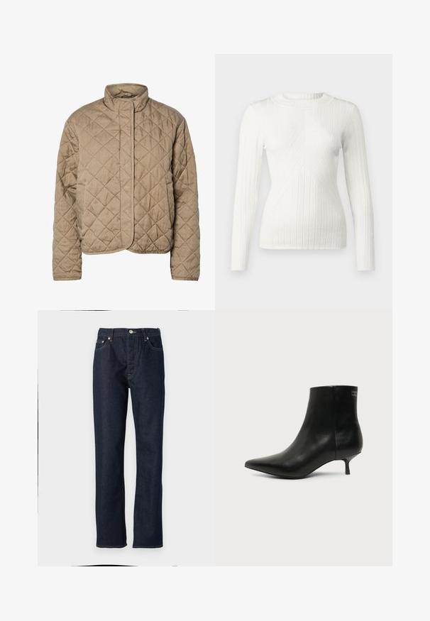 Quiltet brun jakke med høj krave, fuld frontlukning og sidelommer. Har diamantformet syning og en glat overflade.; JDY JDYKATE - Striktrøje - cloud dancer; Mørkeblå denimbukser med lige pasform, featuring knap- og lynlåslukning, femlommerdesign og kontrastsyninger.; Sort læder ankelstøvle med spids tå og lav kitten hæl på lys baggrund, der viser yderside.