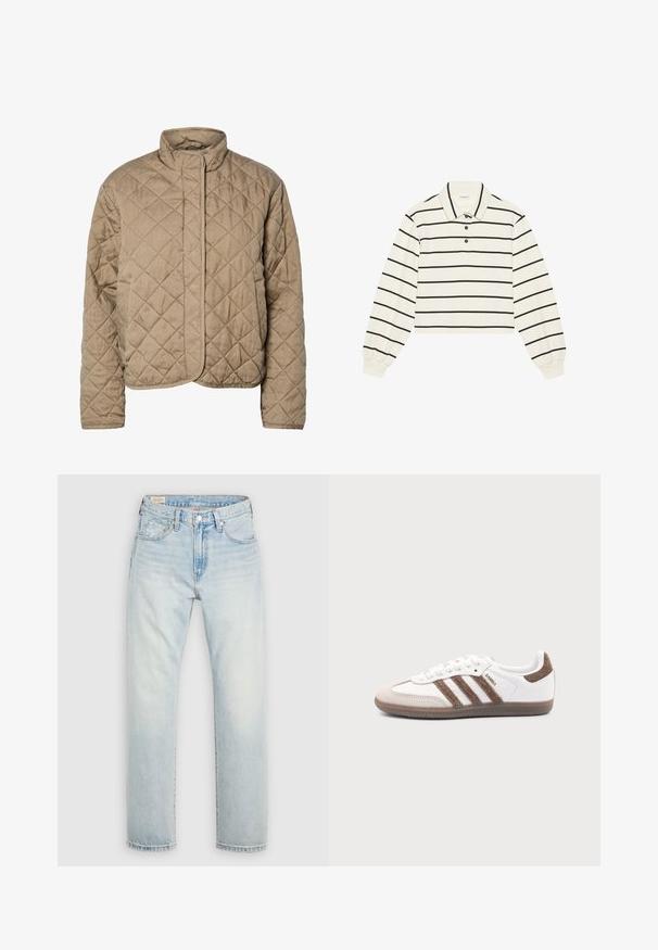 Prešívaná hnedá bunda s vysokým golierom, plným predným zapínaním a bočnými vreckami. Má švy v tvare diamantu a hladký povrch.; Even&Odd by Zalando Mikina - offwhite; Svetlomodré džínsy z denimu s priamym strihom nohavíc, päťvreckovým dizajnom a mierne vyblednutým povrchom. Zapínanie na gombík a zips.; Biele tenisky Adidas Samba s hnedými semišovými pruhmi, hnedou gumovou podrážkou a béžovým semišovým špicom, zobrazené z vonkajšej strany na jednofarebnom pozadí.