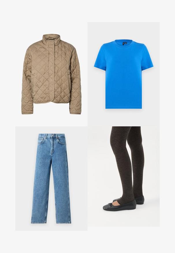 Quiltet brun jakke med høj krave, fuld frontlukning og sidelommer. Har diamantformet syning og en glat overflade.; Enkelt blå kortærmet t-shirt med rund hals og synlige sømme ved kraven, lagt fladt på en lys grå baggrund.; Lysblå lige ben jeans lavet af denim, med høj talje, frontknaplukning og fem-lomme design med synlige sømme.; Ben iført mørke ribbede leggings kombineret med sorte balletsko med små sløjfedetaljer på hvid baggrund.