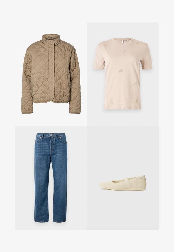 Quiltet brun jakke med høj krave, fuld frontlukning og sidelommer. Har diamantformet syning og en glat overflade.; Beige bomulds T-shirt med rund hals. Har små, subtile fjer mønstre i en lysere nuance. Korte ærmer, almindelig pasform.; Blå denimjeans med lige ben og høj talje. Funktioner inkluderer forlommer, knaplukning og diskrete stikninger.; Lysebrune ballet flats med en glat læderoverflade, mandelformet tå og elastisk rem over vristen, med diskrete syninger.