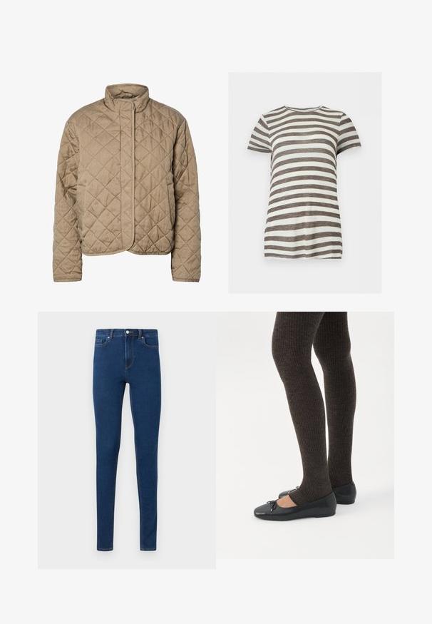 Quiltet brun jakke med høj krave, fuld frontlukning og sidelommer. Har diamantformet syning og en glat overflade.; Kortærmet T-shirt med rund hals med horisontale brune og hvide striber, vist mod en ensartet lys baggrund.; Mørkeblå skinny jeans med frontknap, lynlås og fem-lomme design, vist på en ensartet lys baggrund.; Ben iført mørke ribbede leggings kombineret med sorte balletsko med små sløjfedetaljer på hvid baggrund.