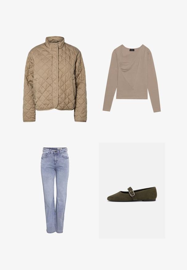 Quiltet brun jakke med høj krave, fuld frontlukning og sidelommer. Har diamantformet syning og en glat overflade.; Langærmet, beige top lavet af blødt stof. Har et snoet frontdesign og en V-halsudskæring. Indeholder en tætsiddende silhuet med minimale sømme.; Lyseblå lige ben jeans lavet af denim, med knaplukning, fem lommer og subtil falming foran og bagpå.; Æblegrøn ruskind Mary Jane flad sko med sølvspænde og rundet tå, vist på en hvid baggrund.