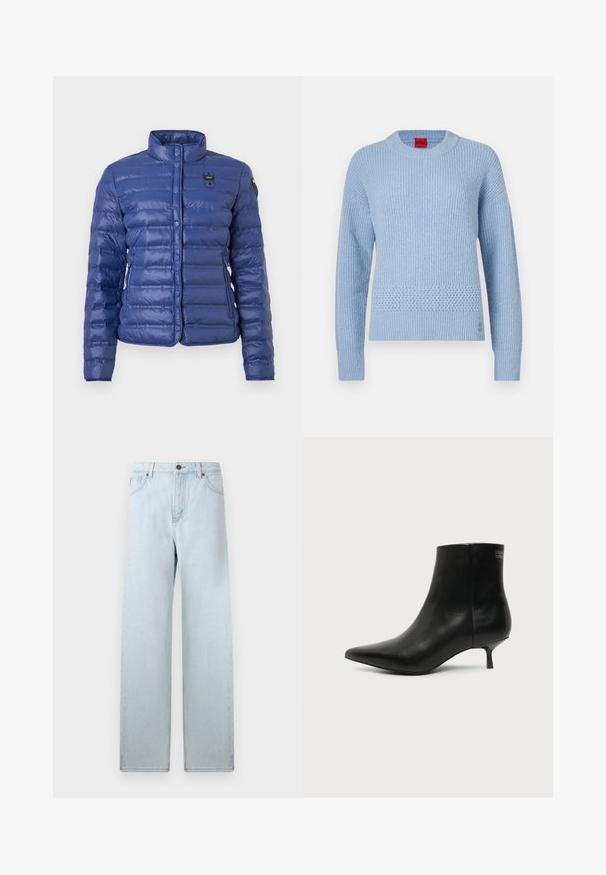 Veste matelassée bleue avec col montant, boutons-pression sur le devant, poches latérales, et petit patch logo rectangulaire sur la poitrine et la manche.; Pull tricoté bleu clair avec une texture côtelée, un col rond et un détail tissé à la taille. Manches longues avec poignets ajustés.; Jean large bleu clair avec taille haute, poches avant et fermeture à bouton. Texture en denim lisse, décoloration minimale, design de jambe droite.; Bottine en cuir noir avec bout pointu et petit talon kitten sur fond clair, vue côté extérieur.