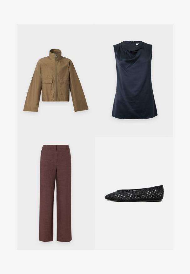 Calvin Klein SHORT JACKET - Kevyt takki - capers; Hihaton musta satiinitoppi, jossa on laskeutuva pääntie ja takana vetoketjukiinnitys, esitetty yksinkertaisella valkoisella taustalla.; Ruskeat leveälahkeiset housut, jotka on valmistettu teksturoidusta kankaasta, jossa on sileä viimeistely. Housuissa on tasainen etuosa, vyölenkit ja sivutaskut.; Musta verkkokangas tasapohjainen kenkä, jossa suljettu kärki ja matala korko, hengittävä kudottu muotoilu ja hillitty sivulogo.