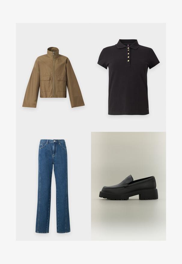 Calvin Klein SHORT JACKET - Kevyt takki - capers; Mustapaita puuvillasta, jossa on klassinen kaulus, lyhyet hihat ja viisi kultanappia napituksessa. Huomaamaton logo helman kohdalla.; Siniset farkut rentoa leikkuuta, joissa on korkea vyötärö, viisi taskua ja erottuva ommel. Kangas on sileää.; Musta nahkainen loafer-mallinen kenkä, jossa on paksu pohja, paljas korko ja pieni metallinen logo päällisosassa, esitetty sivuprofiilissa neutraalia taustaa vasten.