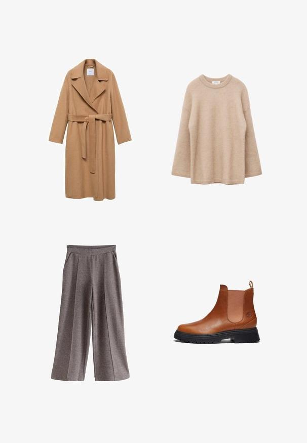 Kamelfarvet uldblandingsfrakke med skridsekrave, bælte i taljen og lange ærmer. Har en lige pasform og minimalistisk design.; Beige langærmet sweater med rund hals, blød og fnugget tekstur og løs pasform, vist mod en hvid baggrund.; Grå vidde bukser med blødt stof, der har en flad linning, frontlokker og sidelommer. Enkel og alsidig design.; Timberland MID CHELSEA - Plateaustøvletter - rust copper