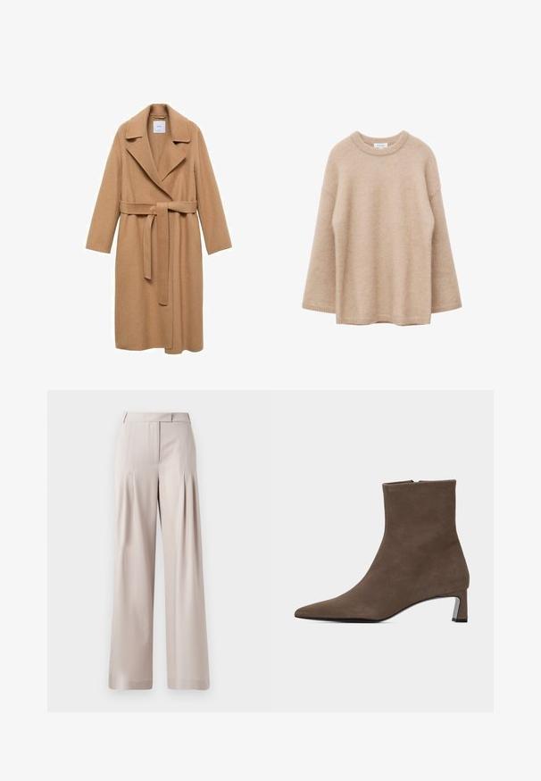 Kamelfarvet uldblandingsfrakke med skridsekrave, bælte i taljen og lange ærmer. Har en lige pasform og minimalistisk design.; Beige langærmet sweater med rund hals, blød og fnugget tekstur og løs pasform, vist mod en hvid baggrund.; Beige vidde bukser med en glat tekstur, plisseret frontdesign og en skræddersyet talje. Velegnet til formelt eller afslappet brug.; Brun ruskindsankelstøvle med spids tå, sidelukning med lynlås og lav blokhæl på ensartet lys baggrund.