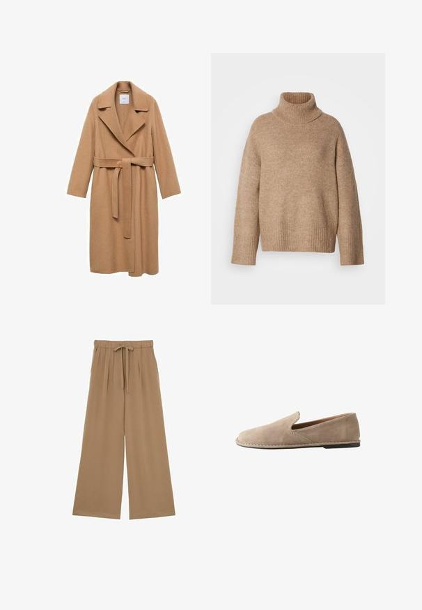 Kamelfarvet uldblandingsfrakke med skridsekrave, bælte i taljen og lange ærmer. Har en lige pasform og minimalistisk design.; Beige rullekravesweater lavet af blødt strikstof. Har ribbet halsudskæring og manchetter, med en afslappet pasform og sænkede skuldersømme.; Beige bukser med vide ben, elastik i taljen og en snor foran, med fine læg øverst.; Beige ruskind slip-on loafers med rund tå, lav flad hæl, syet sål og elastisk sideindsats for nem påtagning.