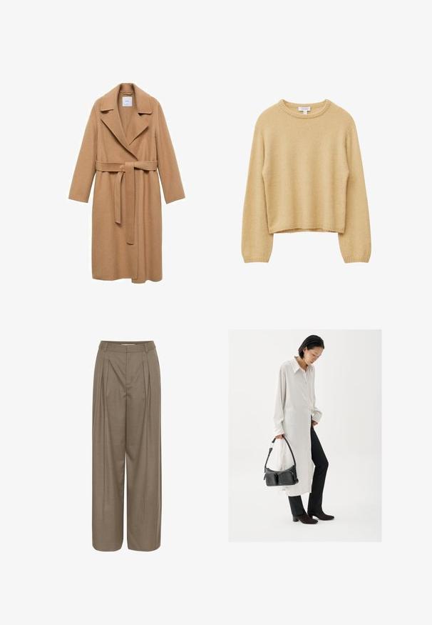Kamelfarvet uldblandingsfrakke med skridsekrave, bælte i taljen og lange ærmer. Har en lige pasform og minimalistisk design.; Lys beige, cropped sweater med rund halsudskæring, lange ærmer, ribbet kant og blød tekstur. Perfekt til lagdeling i køligere vejr.; Plisserede bukser med bred ben i en lys brun stof, med en struktureret talje og en glat tekstur, designet til komfort og alsidighed.; Hvid lang skjorte med knapper, sorte tætsiddende bukser, sort læderhåndtaske med to lommer og mørkebrune ankelstøvler med hæl.