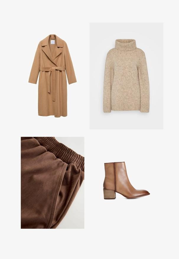 Kamelfarvet uldblandingsfrakke med skridsekrave, bælte i taljen og lange ærmer. Har en lige pasform og minimalistisk design.; Beige strikket turtleneck sweater med ribbet krave, lange ærmer og en tekstureret finish med subtile striber. Løs pasform.; Brune joggingbukser med et blødt, tekstureret stof, elastisk talje og sidelommer for ekstra funktionalitet.; Brune læder ankelstøvle med rund tå, tekstureret sidepanel og stablet træhæl. Glat overflade med subtil glans.