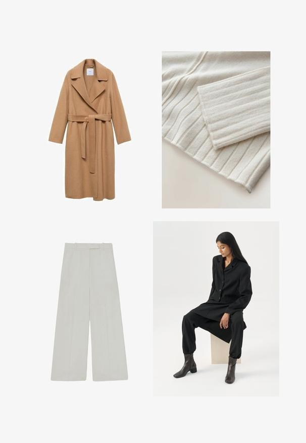 Camelkleurige wolblend jas met een notch-kraag, een ceintuur in de taille en lange mouwen. Heeft een rechte snit en een minimalistisch ontwerp.; Geribbelde gebreide trui in lichtbeige. Heeft een zachte textuur met verticale lijnen en een omgeslagen manchet. Materiaal lijkt gezellig en warm.; Wijd gelegde broek in crème kleur, gemaakt van een gladde stof. Kenmerkt zich door een middelhoge taille met riemlussen en voorplooien voor een nette uitstraling.; Vrouw met lang donker haar zittend, draag een losse zwarte blazer, bijpassende wijde broek en donkere enkellaarsjes tegen een effen witte achtergrond.