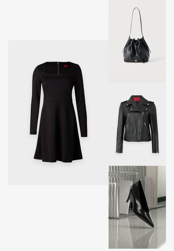 Chaqueta de motocicleta de cuero negro con cremalleras plateadas, cuello abatible y bolsillos con cremallera. Presenta una etiqueta interior roja audaz.; Vestido negro de manga larga con escote cuadrado, corsé ajustado, falda acampanada y cierre de cremallera en la espalda. Textura de tela suave sin patrones.; Zapato de tacón alto negro con punta afilada y logo dorado, colocado sobre una superficie reflectante cerca de un organizador de archivos de alambre cromado con documentos.; Bolso tipo saco de cuero negro con cierre de cordón, una sola correa para el hombro y pequeño logo dorado "HUGO" en el centro delantero.