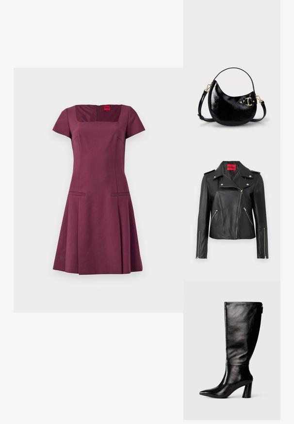 Veste de moto en cuir noir avec des zippers en métal argenté, col à pression et poches zippées. Possède une étiquette intérieure rouge vif.; Robe bordeaux avec un décolleté carré, des manches courtes et des poches sur les côtés. Fabriquée en tissu structuré, avec une fermeture éclair dissimulée au dos.; Botte en cuir noir à hauteur de genoux avec un bout pointu, une texture lisse et un talon épais. Elle présente un zip à l'arrière.; Sac à main en cuir verni noir avec une forme arrondie, une bandoulière réglable et des détails en métal doré sur le côté. Texture lisse et brillante.