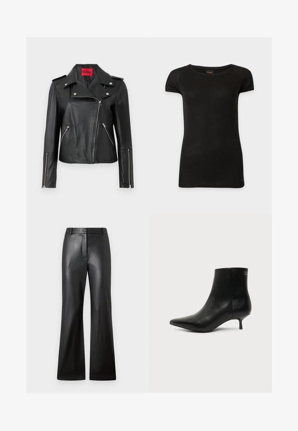 Chaqueta de motocicleta de cuero negro con cremalleras plateadas, cuello abatible y bolsillos con cremallera. Presenta una etiqueta interior roja audaz.; Camiseta negra ajustada de manga corta con cuello redondo y etiqueta de marca sutil en el interior del cuello, mostrada sobre fondo gris claro.; Pantalones de cuero negro con una textura suave, diseño de pierna ancha y una cinturilla de altura media que presenta trabillas para cinturón y bolsillos frontales.; Botín de piel negra con puntera puntiaguda y tacón bajo estilo kitten sobre fondo claro, mostrando vista lateral exterior.