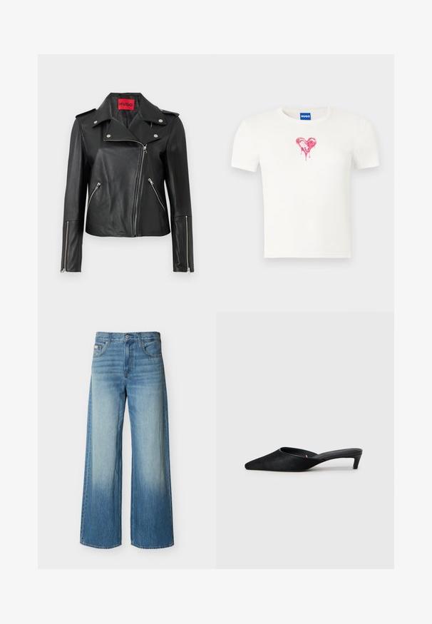 Chaqueta de motocicleta de cuero negro con cremalleras plateadas, cuello abatible y bolsillos con cremallera. Presenta una etiqueta interior roja audaz.; Camiseta blanca de algodón con mangas cortas que presenta un gráfico de un corazón rojo goteando en el centro, cuello redondo y ajuste estándar.; Vaqueros anchos de mezclilla azul con un lavado claro desteñido en la parte frontal de los muslos, bolsillos delanteros, trabillas para cinturón y cierre de botón.; Mules de ante negro con puntera afilada y tacón bajo. Presentan una textura suave y una parte trasera abierta para facilitar su uso. Diseño sencillo sin patrones.