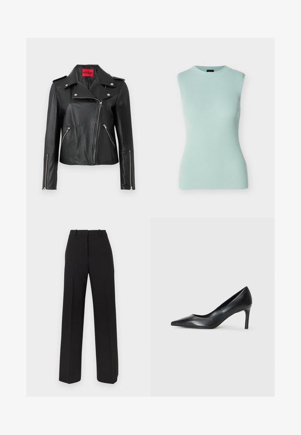 Veste de moto en cuir noir avec des zippers en métal argenté, col à pression et poches zippées. Possède une étiquette intérieure rouge vif.; Haut sans manches en maille côtelée vert menthe pâle avec un col rond et une coupe ajustée sur un fond uni.; Pantalon noir à jambes larges en tissu lisse, avec une taille haute, deux plis avant et des poches latérales discrètes.; Escarpin noir en cuir à bout pointu avec un talon fin, texture lisse et sans embellissements visibles. Design épuré avec une esthétique minimaliste.